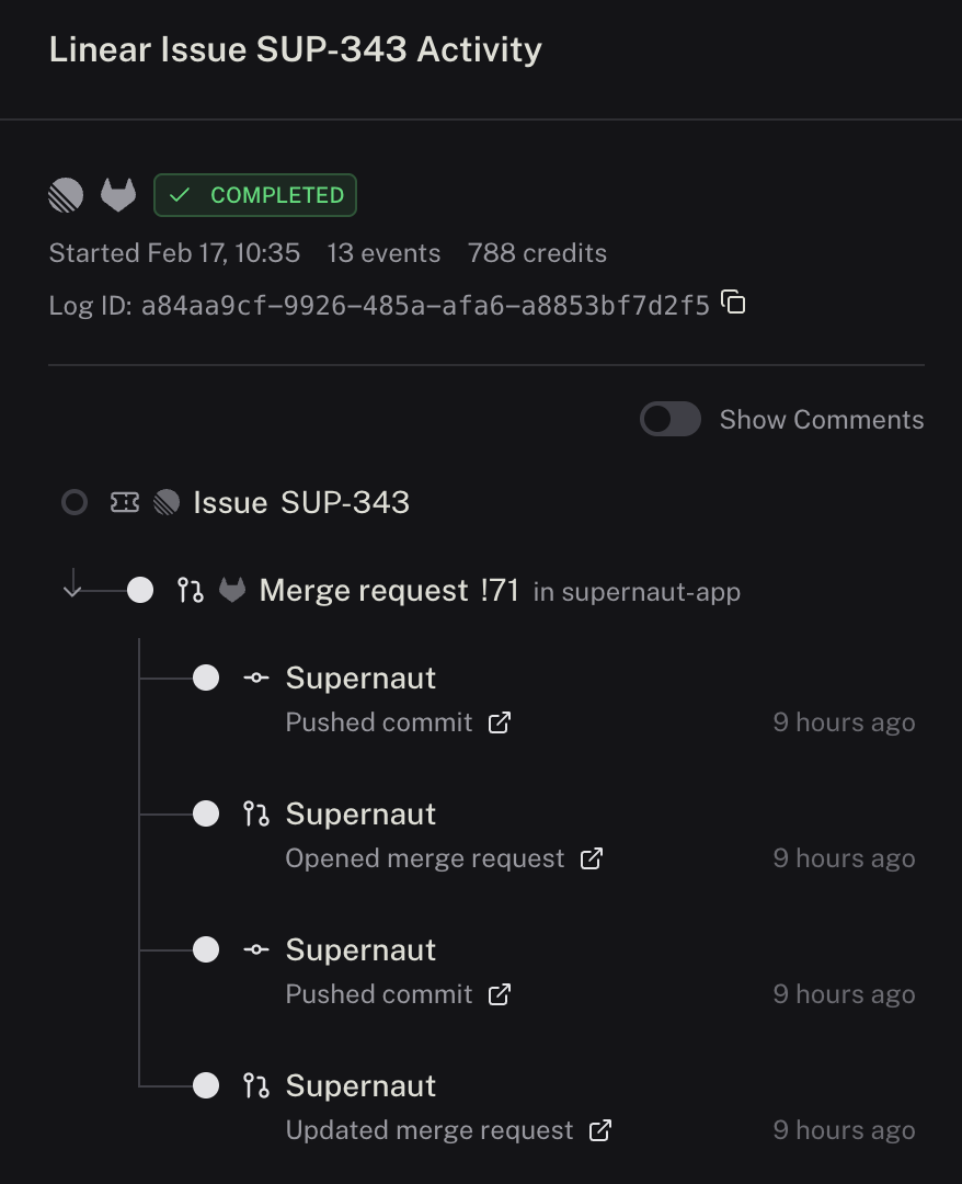Activity timeline showing Linear issue SUP-343 with automatic commits and merge request