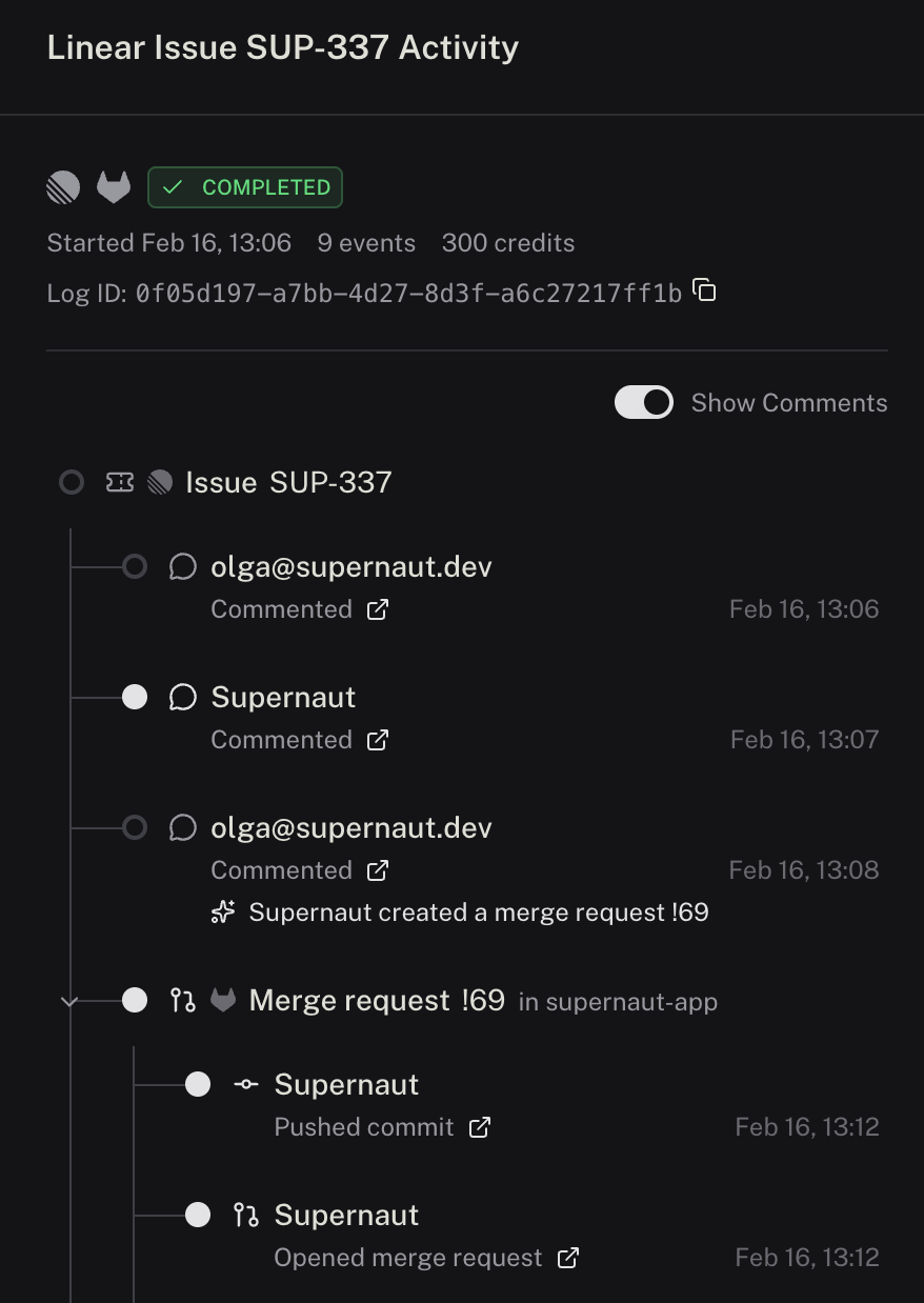 Activity timeline showing team conversation with Supernaut responding and shipping a fix