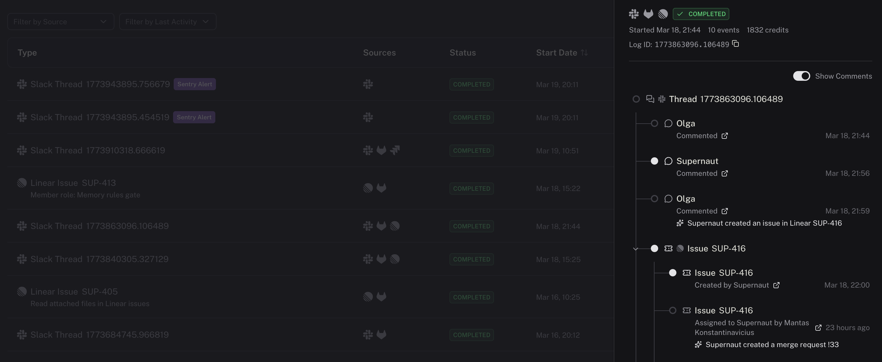 Supernaut activity timeline showing conversation to code to merge request